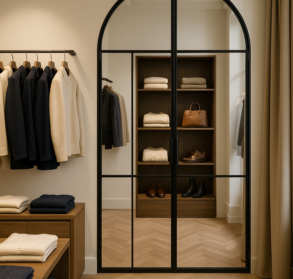 Lofttür aus Stahl und Glas in modernem Geschäft