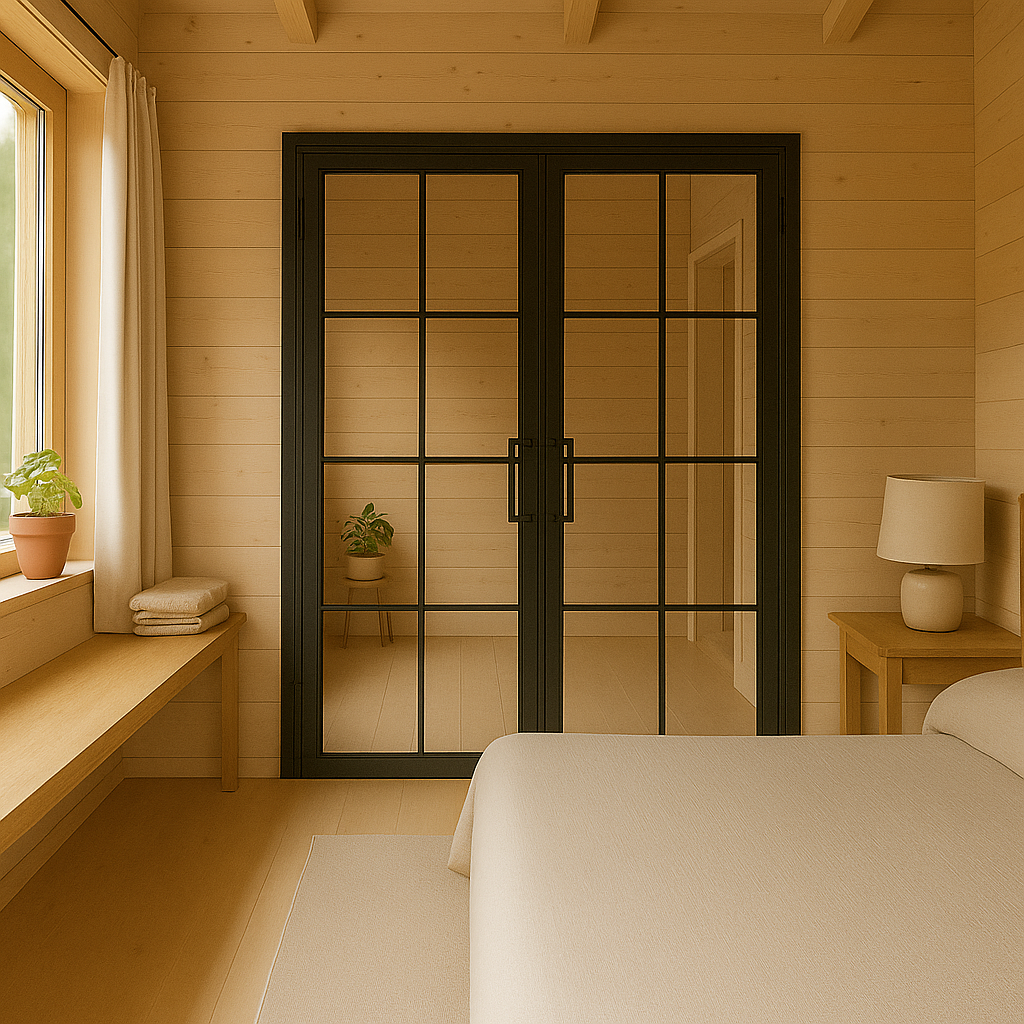 Scandinavian-light-wood-lofttuer-im-Schlafzimmer | Manufakturx.de 🛠️ Lofttür aus Stahl und Glas in skandinavischem Schlafzimmer